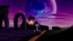 Roblox Anime Card Crusade Avatar Wearing Silver Helmet Black Clothes Two Giant Swords On Back Standing Near Stone Archways Underneath A Massive Planet In Sky
