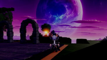 Roblox Anime Card Crusade Avatar Wearing Silver Helmet Black Clothes Two Giant Swords On Back Standing Near Stone Archways Underneath A Massive Planet In Sky