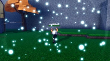 Roblox Anime Limitless Avatar Wearing Silver Helmet Black Pucnhing Causing Blue Particles To Float In The Air