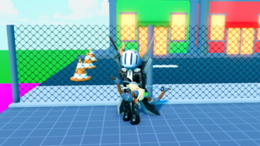 Roblox Archer Training Avatar Wearing Silver Helmet Black Clothes Two Giant Swords On Back Holding A Bow Near A Chainlink Fence Cones And A Green Red Buildings