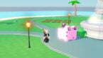 Roblox Bloxodachi Life Avatar Wearing Silver Helmet Black Clothes Two Giant Swords On Back Standing Near Pink Cube Frog Pet On Island Near Lampost