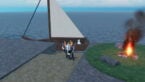 Roblox Broken Blade Avatar Wearing Silver Helmet Black Clothes Two Giant Swords On Back Holding A Sword In A Above Head Fighting Stance Near Campire And Small Boat In Water