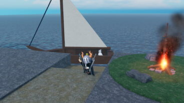 Roblox Broken Blade Avatar Wearing Silver Helmet Black Clothes Two Giant Swords On Back Holding A Sword In A Above Head Fighting Stance Near Campire And Small Boat In Water