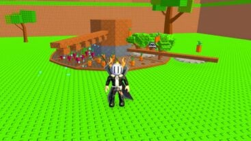 Roblox Build A Ring Farm Avatar Wearing Silver Helmet Black Clothes Two Giant Swords On Back Standing Before Circle Farm With Sprinklers And Saw Blades
