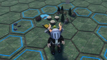Roblox Build A Kingdom Avatar Wearing Silver Helmet Black Clothes Two Giant Swords On Back Standing In Hexagon Tiles As A Small Village Starts Behind With Trees Houses And More