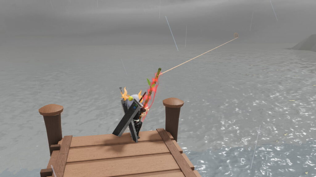 Catch And Cook Codes Shark July 2026 Try Hard Guides Roblox Catch And Cook Avatar Wearing Silver Helmet Black Clothes Two Giant Swords On Back Fishing On A Pier In Rainy Weather 1024x576 