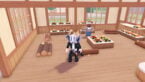 Roblox Cook Sell Avatar Wearing Silver Helmet Black Clothes Two Giant Swords On Back Standing In Wooden Store Filled With Wooden Logs And Food Ingredients As An Npc Called Noah Shops