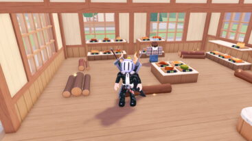 Roblox Cook Sell Avatar Wearing Silver Helmet Black Clothes Two Giant Swords On Back Standing In Wooden Store Filled With Wooden Logs And Food Ingredients As An Npc Called Noah Shops