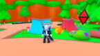Roblox Eternal Stats Avatar Wearing Silver Helmet Black Clothes Two Giant Swords On Back Standing Before Red And Blue Tents And A Campfire Near Red Floating Diamond Crystal