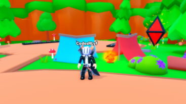 Roblox Eternal Stats Avatar Wearing Silver Helmet Black Clothes Two Giant Swords On Back Standing Before Red And Blue Tents And A Campfire Near Red Floating Diamond Crystal