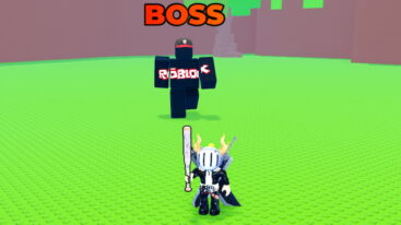 Roblox Fight For Hackers Avatar Wearing Silver Helmet Black Clothes Two Giant Swords On Back Holding A Silver Bat As A Boss Npc Walking Twards