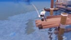 Roblox Fishu Avatar Wearing Silver Helmet Black Clothes Two Giant Swords On Back Holding A Fishing Rod Fishing On A Pier