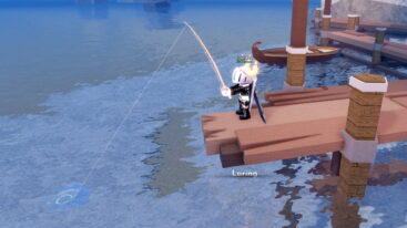 Roblox Fishu Avatar Wearing Silver Helmet Black Clothes Two Giant Swords On Back Holding A Fishing Rod Fishing On A Pier