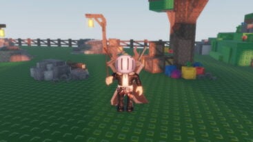 Roblox Just A Rng Game Avatar Wearing Silver Helmet Black Clothes Two Giant Swords On Back Holding A Thin Branch In Right Hand Standing Near Boulder Boxes And Trees