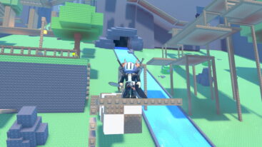 Roblox King Tower Avatar Wearing Silver Helmet Black Clothes Two Giant Swords On Back Holding A Gray Sword In Right Hand With Different Platforms Leading Up A Hill