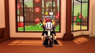 Roblox Murder Duels Avatar Wearing Silver Helmet Black Clothes Two Giant Swords On Back Standing In Front Of A Window With A Shooting Range Filled With Red White Targets