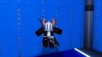 Roblox Og Blrr Avatar Wearing Silver Helmet Black Clothes Two Giant Swords On Back Jumping Near Blue Floor And Walls