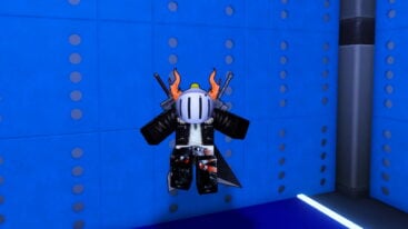 Roblox Og Blrr Avatar Wearing Silver Helmet Black Clothes Two Giant Swords On Back Jumping Near Blue Floor And Walls
