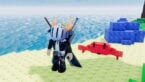 Roblox Portal Incremental Avatar Wearing Silver Helmet Black Clothes Two Giant Swords On Back Standing On Beach Near Ocean And Red Crab