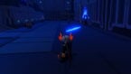 Roblox Saber Unbound Avatar Wearing Silver Helmet Black Clothes Two Giant Swords On Back In A Star Wars Space Ship Throwing A Blue Light Saber