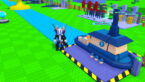 Roblox Sail Your Boat Avatar Wearing Silver Helmet Black Clothes Two Giant Swords On Back Standing Next To A Blue Level 15 Boat