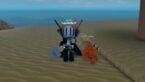 Roblox Shells Avatar Wearing Silver Helmet Black Clothes Two Giant Swords On Back Holding A Silver Shovel On Beach Bear A Hermit Crab Called Hermy