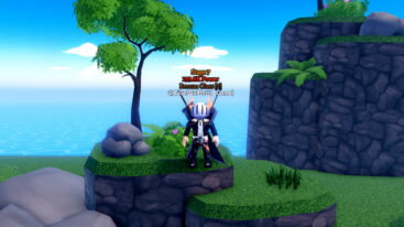Roblox Slayer Incremental Avatar Wearing Silver Helmet Black Clothes Two Giant Swords On Back Standing On Grass Near Tree And Small Boulder With Ocean Behind
