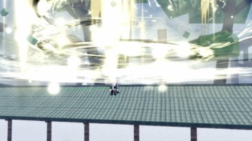 Roblox Solaris Piece Avatar Wearing Silver Helmet Black Clothes Two Giant Swords On Back Standing On Top Of Roof As Light Beams Rain From Sky