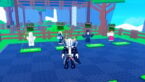 Roblox Spin A Waifu Avatar Wearing Silver Helmet Black Clothes Two Giant Swords On Back Standing Before Four Girl Npcs