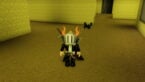 Roblox Survive The Backrooms Avatar Wearing Silver Helmet Black Clothes Two Giant Swords On Back Standing In The Golden Wallpapered Backrooms Near A Black Crab