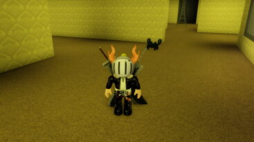 Roblox Survive The Backrooms Avatar Wearing Silver Helmet Black Clothes Two Giant Swords On Back Standing In The Golden Wallpapered Backrooms Near A Black Crab