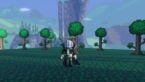 Roblox Terraria Td Remastered Avatar Wearing Silver Helmet Black Clothes Two Giant Swords On Back Standing Before 2d Trees