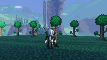 Roblox Terraria Td Remastered Avatar Wearing Silver Helmet Black Clothes Two Giant Swords On Back Standing Before 2d Trees