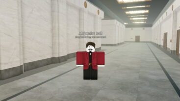 Roblox The Company Company Man Wearing Striped Red Suit With Brown Hair And Facial Hair Standing In Expensive Marbe Hallways