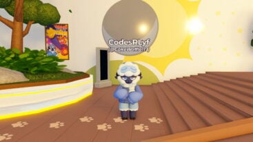 Roblox Toons Universe A Sheep Cute Avatar Wearing Blue Sweater Standing Near Paw Prints On Floor And Stairs