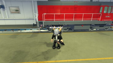 Roblox Train Sim Avatar Wearing Silver Helmet Black Clothes Two Giant Swords On Back Standing Near A Red Train