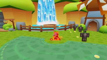 Roblox Weapon Rng Avatar Wearing Silver Helmet Black Clothes Two Giant Swords On Back Holding A Gun Surrounded By A Red Fire Aura Standing Near Enemies And A Waterfall