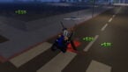 Roblox Wheelie District Avatar Wearing Silver Helmet Black Clothes Two Giant Swords On Back Wheelieing On A Blue Moped Going Over A Zebra Crossing