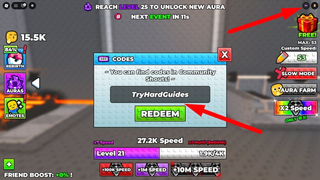 How To Redeem Codes In 1 Aura Speed Escape Roblox