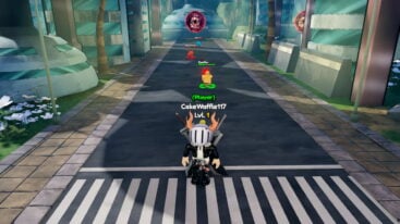 Roblox Anime Squadron Avatar Wearing Silver Helmet Black Clothes Two Giant Swords On Back Standing On A Zebra Crossing As Npcs Head Towards A Dark Portal
