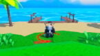 Roblox Anime Ultron Simulator Avatar Wearing Silver Helmet Black Clothes Two Giant Swords On Back Standing On Grass Near A Beach And A Wooden Dock With Ocean Behind