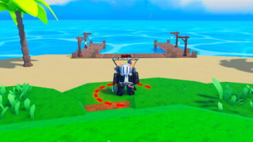 Roblox Anime Ultron Simulator Avatar Wearing Silver Helmet Black Clothes Two Giant Swords On Back Standing On Grass Near A Beach And A Wooden Dock With Ocean Behind