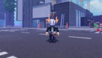 Roblox Battle Piece Avatar Wearing Silver Helmet Black Clothes Standing In The Middle Of A Road Near A House Under Construction Behind