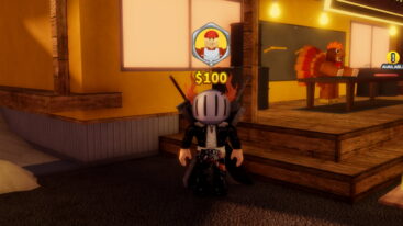 Roblox Burgerz Avatar Wearing Silver Helmet Black Clothes Two Giant Swords On Back Standing Near A Wooden Podium With A Npc Dressed As Chicken Stands Behind A Table