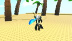 Roblox Cavity Crushers Avatar Wearing Silver Helmet Black Clothes Two Giant Swords On Back Holding A Blue Paint Brush While Standing On A Beach Near Palm Trees
