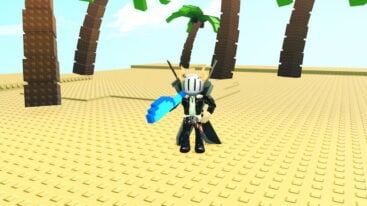 Roblox Cavity Crushers Avatar Wearing Silver Helmet Black Clothes Two Giant Swords On Back Holding A Blue Paint Brush While Standing On A Beach Near Palm Trees