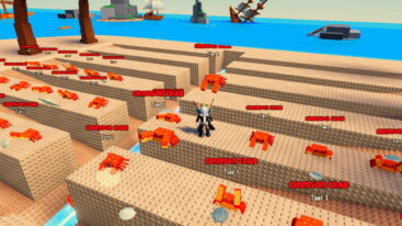 Roblox Crab Tycoon Avatar Wearing Silver Helmet Black Clothes Two Giant Swords On Back Standing Near Tons Of Red Crimson Crabs Near Water With Sunken Ships