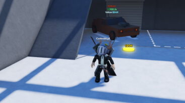 Roblox Create A Car Avatar Wearing Silver Helmet Black Clothes Two Giant Swords On Back Standing Before Rust Scrap Care With A Value Of 34k