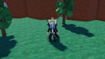 Roblox Football Sticker Album Avatar Wearing Silver Helmet Black Clothes Two Giant Swords On Back Standing On Grass Near Trees