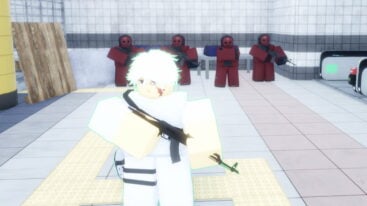 Roblox Hekmatyar White Haired Avatar Wearing White Clothes Holding A Gun In Subway Station As Four Red Masked Red Wearing Outfits Stand Guard